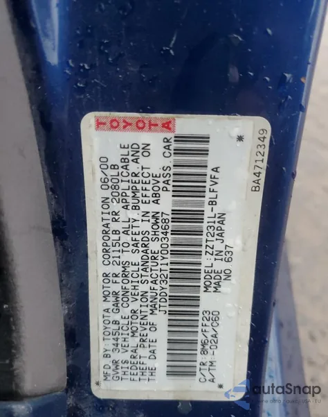 2000 Toyota Celica Gt-S z USA, uszkodzony, nr VIN JTDDY32T1Y0034687